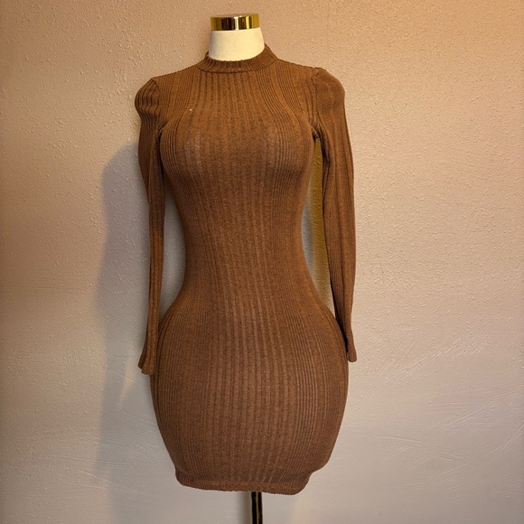 Dresses & Skirts - Elegant Brown Ribbed Knit Dress